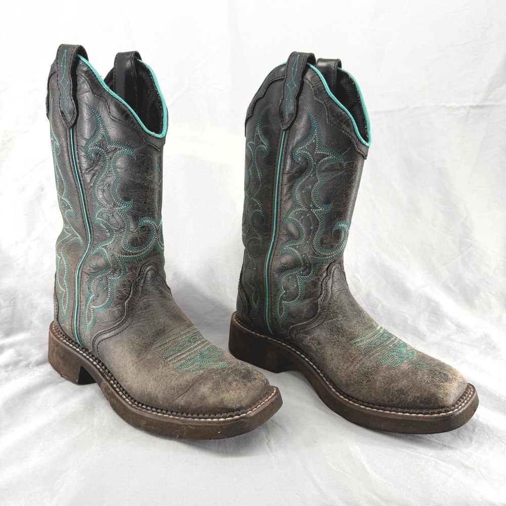 Justin Gypsy L2902 Womens 6B Western Boots Brown Black Teal Square Toe Cowgirl - Picture 4 of 7